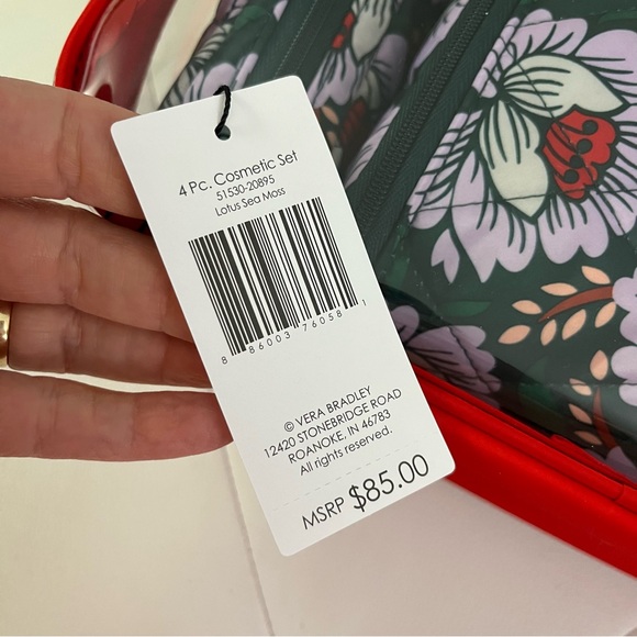 NWT Vera Bradley 4-Piece Satin Texture Cosmetics Makeup Travel Bag Set Red Green - Picture 5 of 6